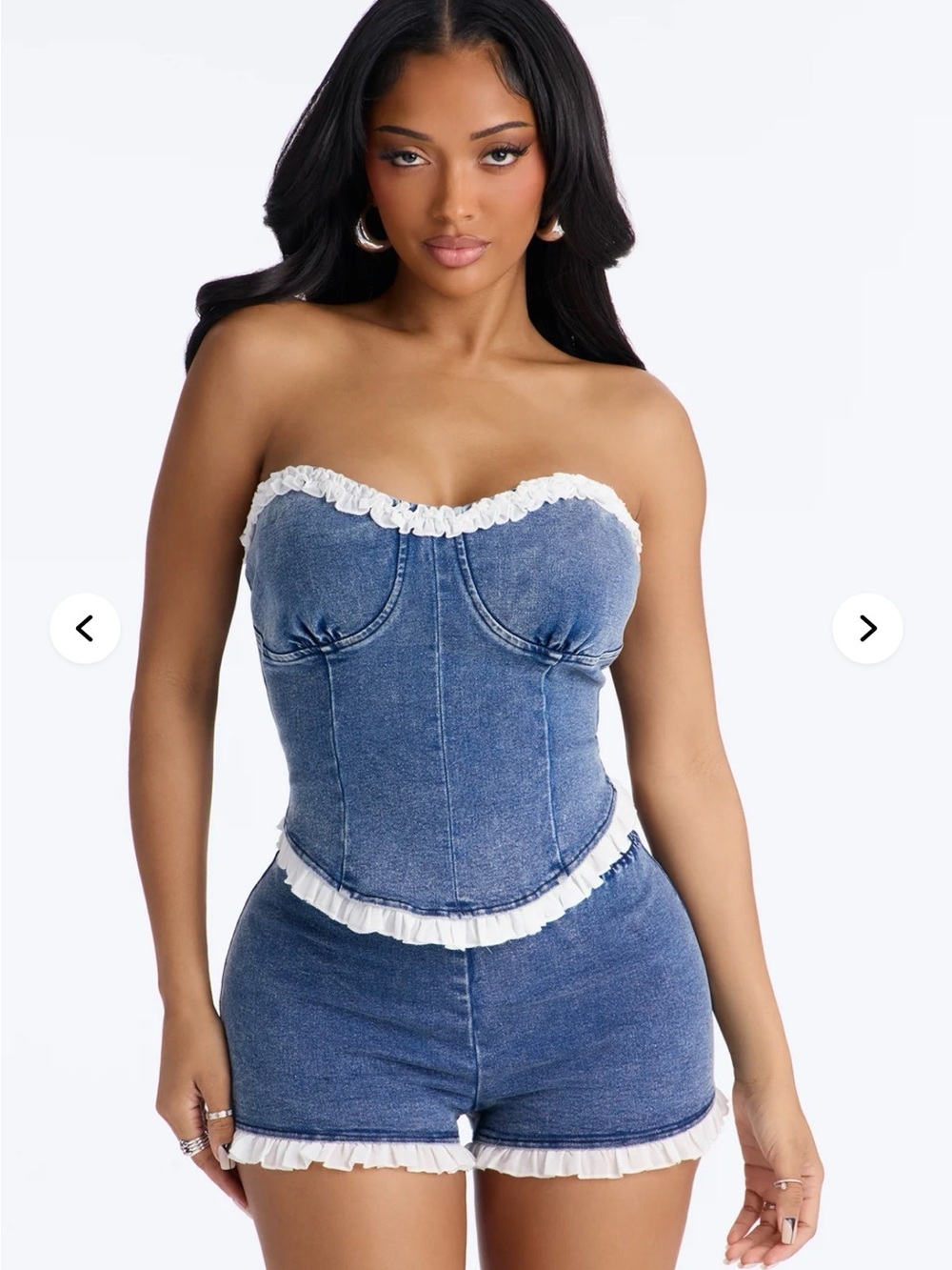 Fashion Nova Blue Denim Strapless Corset and Short Set with White Ruffle Trim